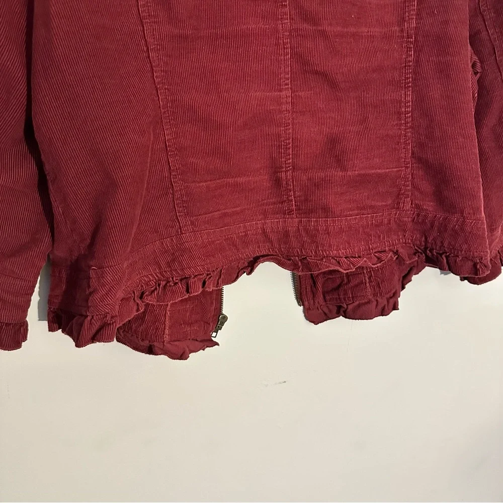 Sandro Corduroy Burgundy Zip Front Jacket Ruffle Hem 3/4 Sleeve Women’s Size XL